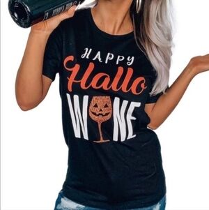 Happy Hallowine Halloween Black Graphic Tee T-Shirt Women's Small S Wine Pun EUC
